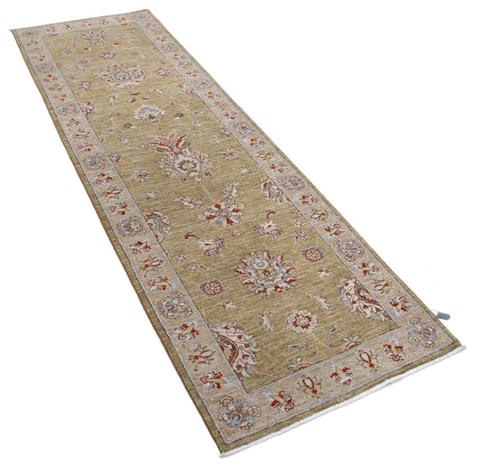 Traditional Hand Knotted Ziegler Farhan Wool Rug of Size 2'7'' X 8'0'' in Green and Ivory Colors - Made in Afghanistan