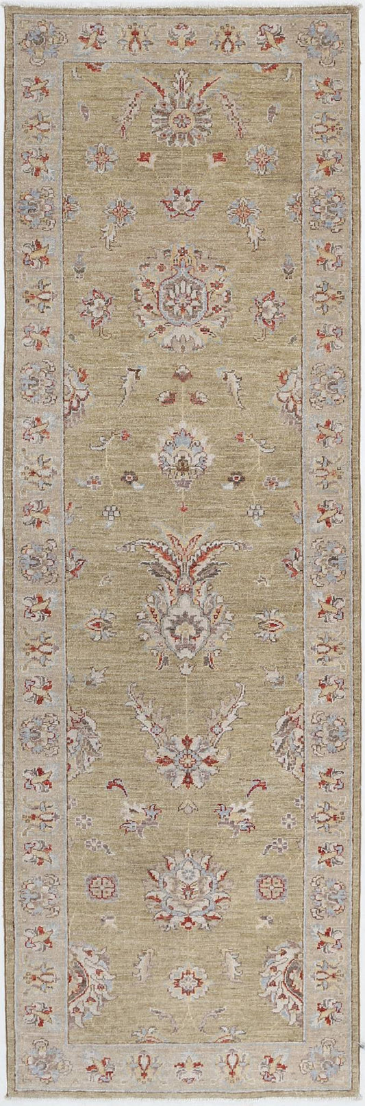 Traditional Hand Knotted Ziegler Farhan Wool Rug of Size 2'7'' X 8'0'' in Green and Ivory Colors - Made in Afghanistan