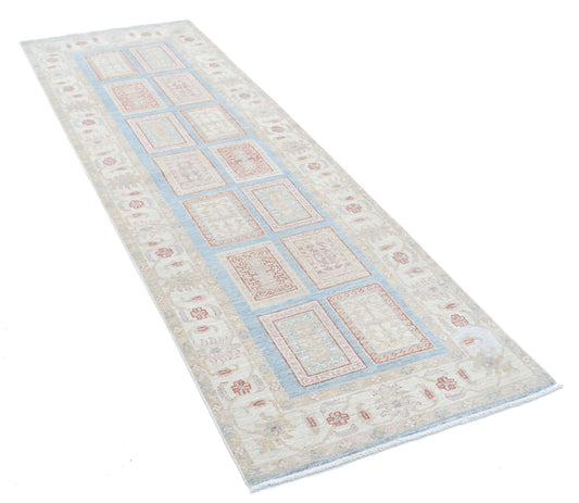 Traditional Hand Knotted Serenity Farhan Wool Rug of Size 2'7'' X 8'2'' in Blue and Ivory Colors - Made in Afghanistan