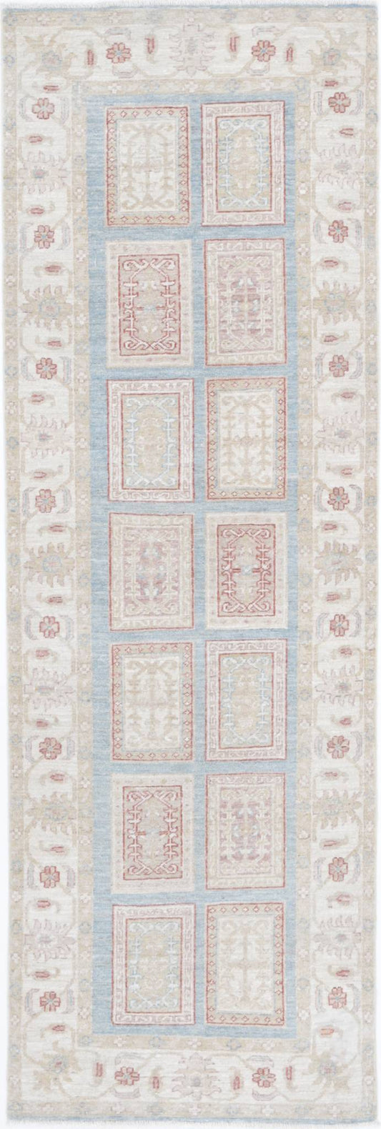 Traditional Hand Knotted Serenity Farhan Wool Rug of Size 2'7'' X 8'2'' in Blue and Ivory Colors - Made in Afghanistan