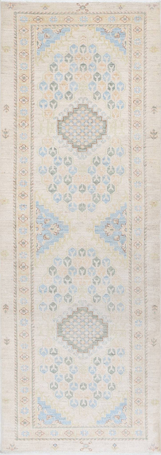 Traditional Hand Knotted Ziegler Farhan Wool Rug of Size 2'7'' X 7'11'' in Ivory and Ivory Colors - Made in Afghanistan
