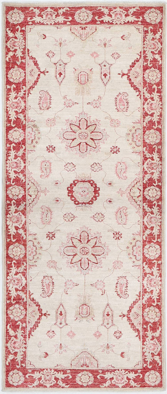 Traditional Hand Knotted Ziegler Farhan Wool Rug of Size 2'7'' X 6'8'' in Ivory and Red Colors - Made in Afghanistan