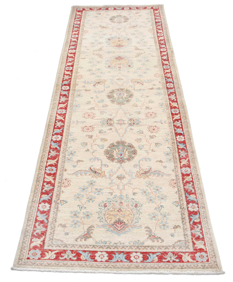 Traditional Hand Knotted Ziegler Farhan Wool Rug of Size 2'8'' X 7'8'' in Ivory and Red Colors - Made in Afghanistan