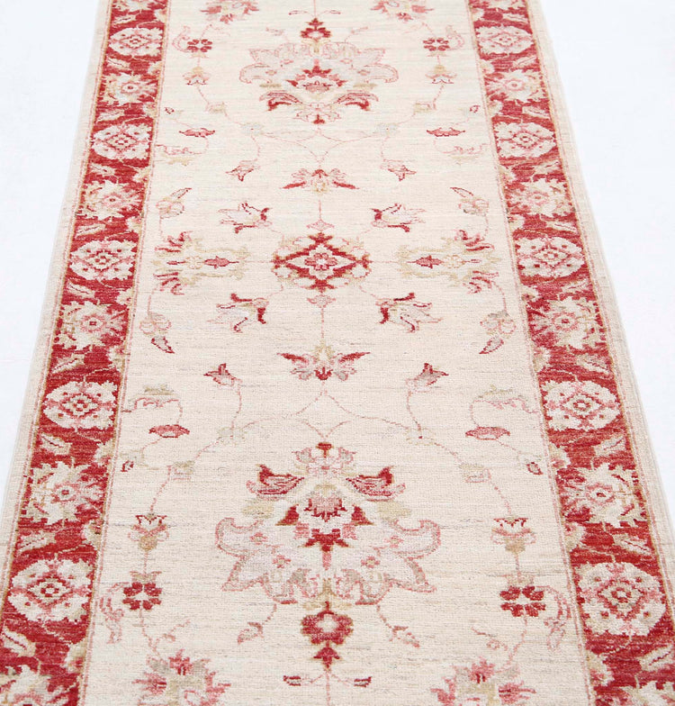 Traditional Hand Knotted Ziegler Farhan Wool Rug of Size 2'7'' X 8'2'' in Ivory and Red Colors - Made in Afghanistan