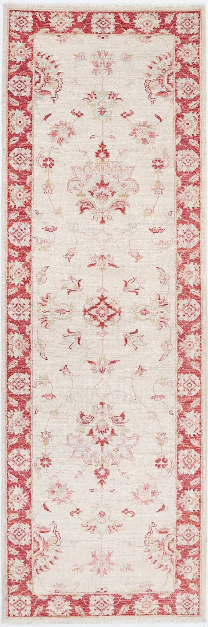 Traditional Hand Knotted Ziegler Farhan Wool Rug of Size 2'7'' X 8'2'' in Ivory and Red Colors - Made in Afghanistan