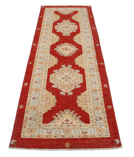 Traditional Hand Knotted Ziegler Farhan Wool Rug of Size 2'9'' X 7'9'' in Red and Red Colors - Made in Afghanistan