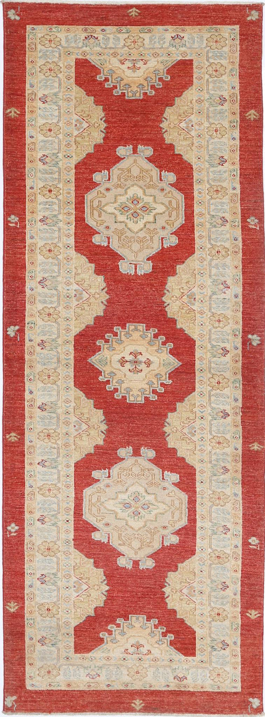 Traditional Hand Knotted Ziegler Farhan Wool Rug of Size 2'9'' X 7'9'' in Red and Red Colors - Made in Afghanistan