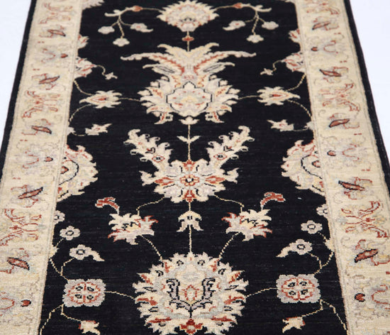Traditional Hand Knotted Ziegler Farhan Wool Rug of Size 2'6'' X 6'9'' in Black and Ivory Colors - Made in Afghanistan