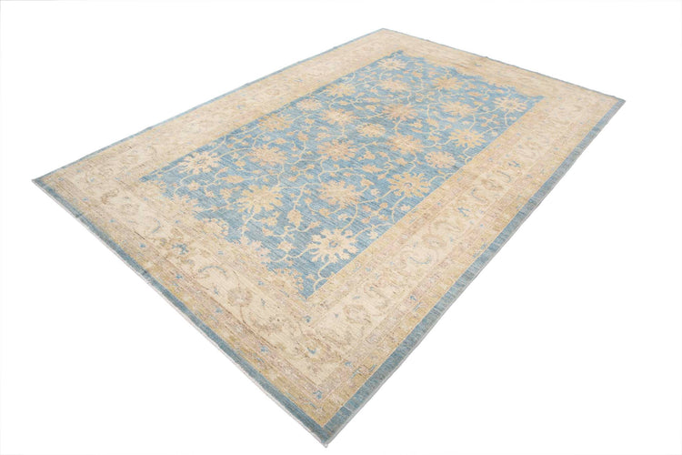 Traditional Hand Knotted Ziegler Farhan Wool Rug of Size 6'8'' X 9'8'' in Blue and Ivory Colors - Made in Afghanistan