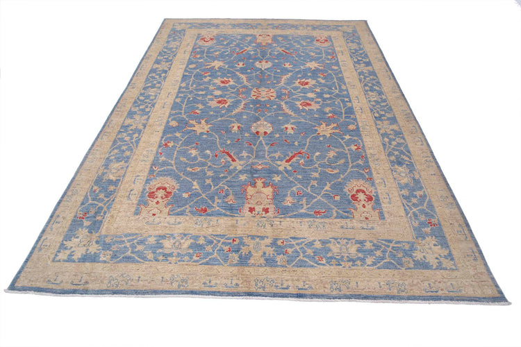 Traditional Hand Knotted Ziegler Farhan Wool Rug of Size 6'3'' X 9'6'' in Blue and Blue Colors - Made in Afghanistan