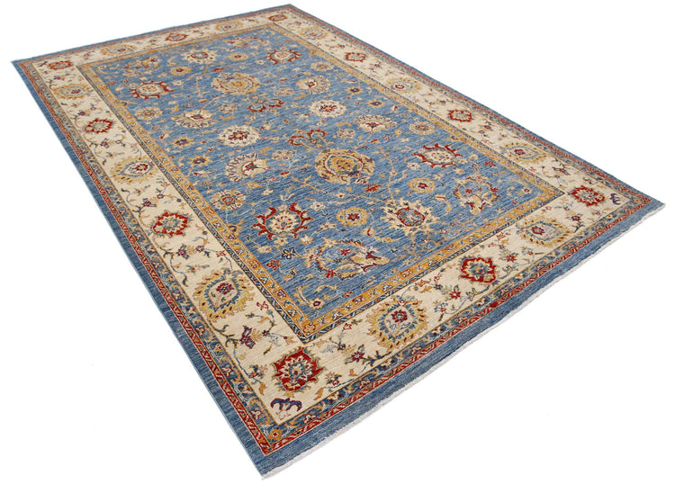 Traditional Hand Knotted Ziegler Farhan Wool Rug of Size 6'8'' X 9'8'' in Blue and Ivory Colors - Made in Afghanistan