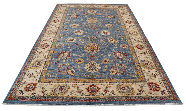Traditional Hand Knotted Ziegler Farhan Wool Rug of Size 6'8'' X 9'8'' in Blue and Ivory Colors - Made in Afghanistan