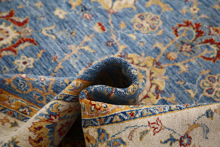 Traditional Hand Knotted Ziegler Farhan Wool Rug of Size 6'8'' X 9'8'' in Blue and Ivory Colors - Made in Afghanistan