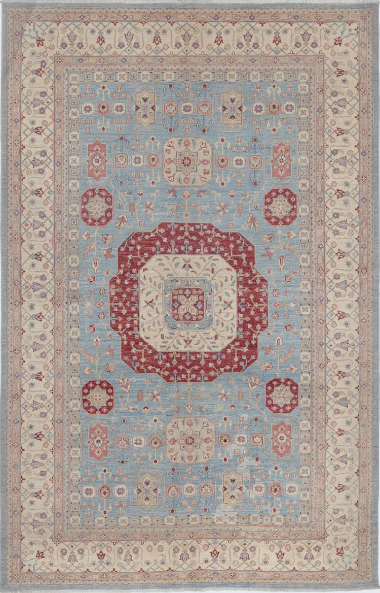 Traditional Hand Knotted Ziegler Farhan Wool Rug of Size 6'6'' X 10'0'' in Blue and Ivory Colors - Made in Afghanistan