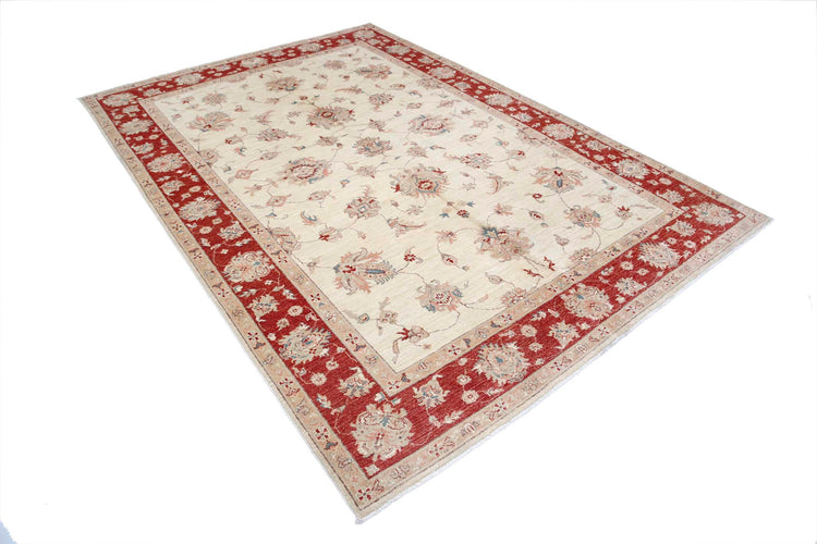 Traditional Hand Knotted Ziegler Farhan Wool Rug of Size 6'6'' X 9'5'' in Ivory and Red Colors - Made in Afghanistan