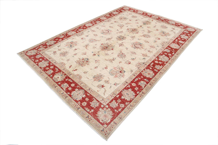 Traditional Hand Knotted Ziegler Farhan Wool Rug of Size 6'6'' X 9'5'' in Ivory and Red Colors - Made in Afghanistan