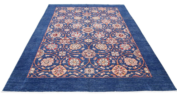 Traditional Hand Knotted Ziegler Farhan Wool Rug of Size 6'10'' X 9'3'' in Blue and Blue Colors - Made in Afghanistan