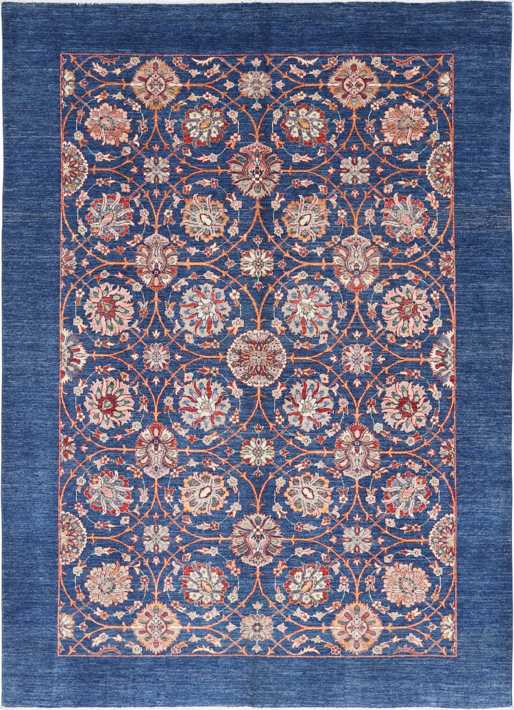 Traditional Hand Knotted Ziegler Farhan Wool Rug of Size 6'10'' X 9'3'' in Blue and Blue Colors - Made in Afghanistan