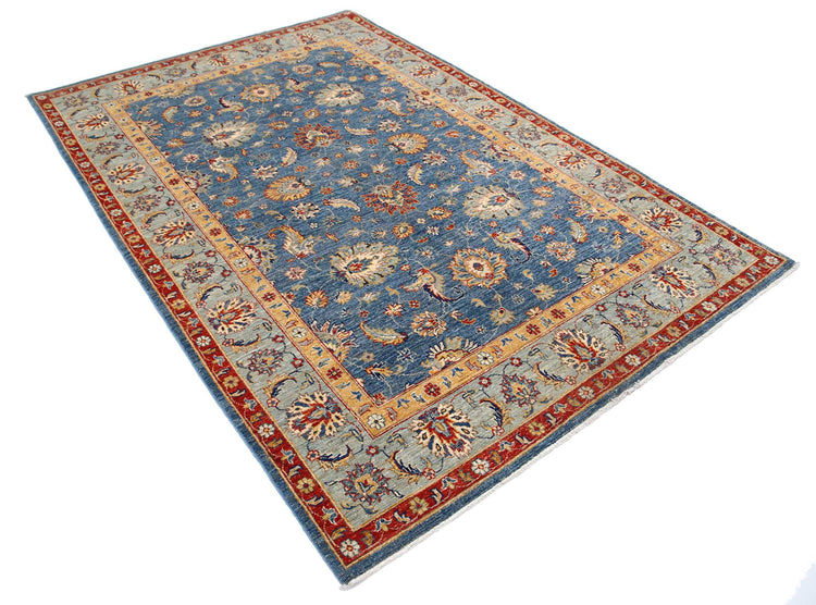 Traditional Hand Knotted Ziegler Farhan Wool Rug of Size 5'7'' X 8'2'' in Blue and Grey Colors - Made in Afghanistan