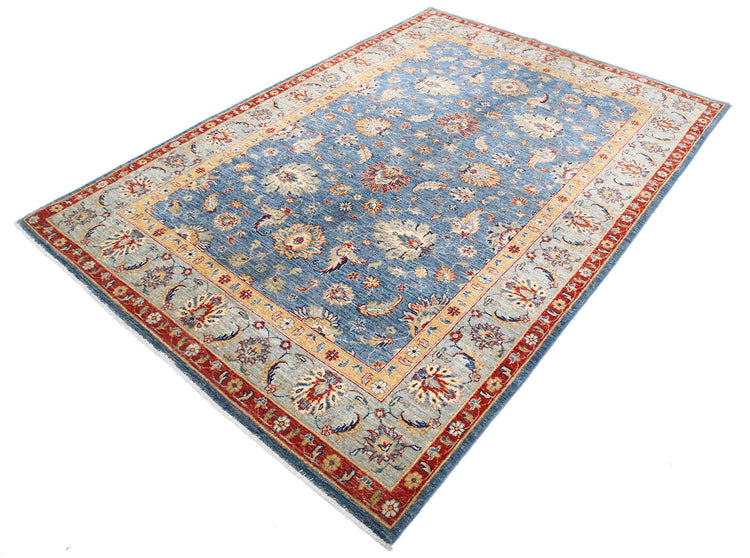 Traditional Hand Knotted Ziegler Farhan Wool Rug of Size 5'7'' X 8'2'' in Blue and Grey Colors - Made in Afghanistan