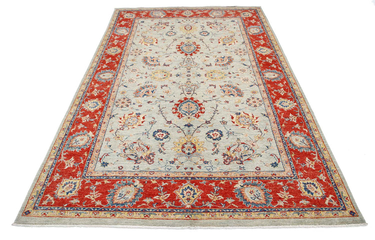 Traditional Hand Knotted Ziegler Farhan Wool Rug of Size 5'6'' X 8'8'' in Blue and Red Colors - Made in Afghanistan
