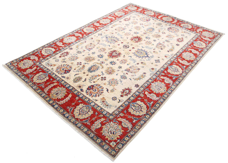 Traditional Hand Knotted Ziegler Farhan Wool Rug of Size 5'5'' X 7'11'' in Ivory and Red Colors - Made in Afghanistan