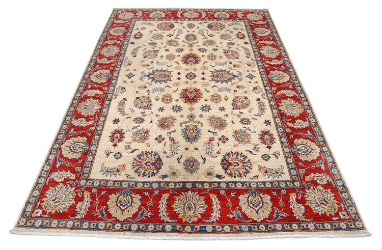 Traditional Hand Knotted Ziegler Farhan Wool Rug of Size 5'5'' X 7'11'' in Ivory and Red Colors - Made in Afghanistan