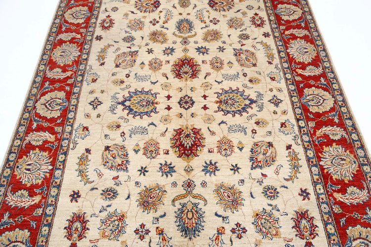 Traditional Hand Knotted Ziegler Farhan Wool Rug of Size 5'5'' X 7'11'' in Ivory and Red Colors - Made in Afghanistan