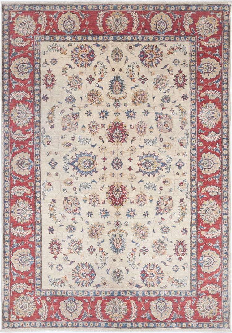 Traditional Hand Knotted Ziegler Farhan Wool Rug of Size 5'5'' X 7'11'' in Ivory and Red Colors - Made in Afghanistan