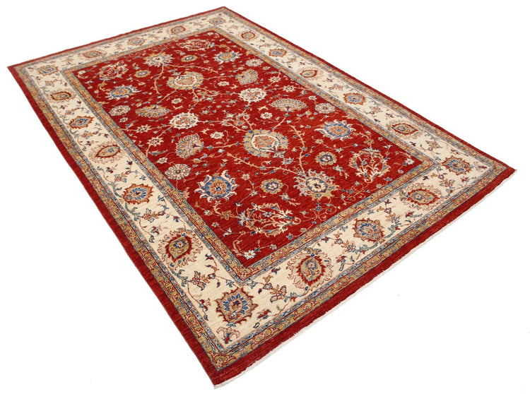 Traditional Hand Knotted Ziegler Farhan Wool Rug of Size 5'7'' X 8'0'' in Red and Ivory Colors - Made in Afghanistan