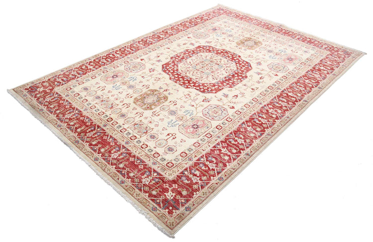 Traditional Hand Knotted Ziegler Farhan Wool Rug of Size 5'7'' X 8'0'' in Ivory and Red Colors - Made in Afghanistan