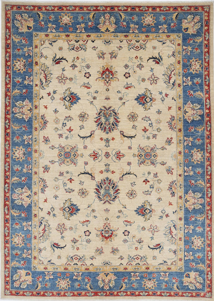 Traditional Hand Knotted Ziegler Farhan Wool Rug of Size 5'8'' X 7'9'' in Ivory and Blue Colors - Made in Afghanistan
