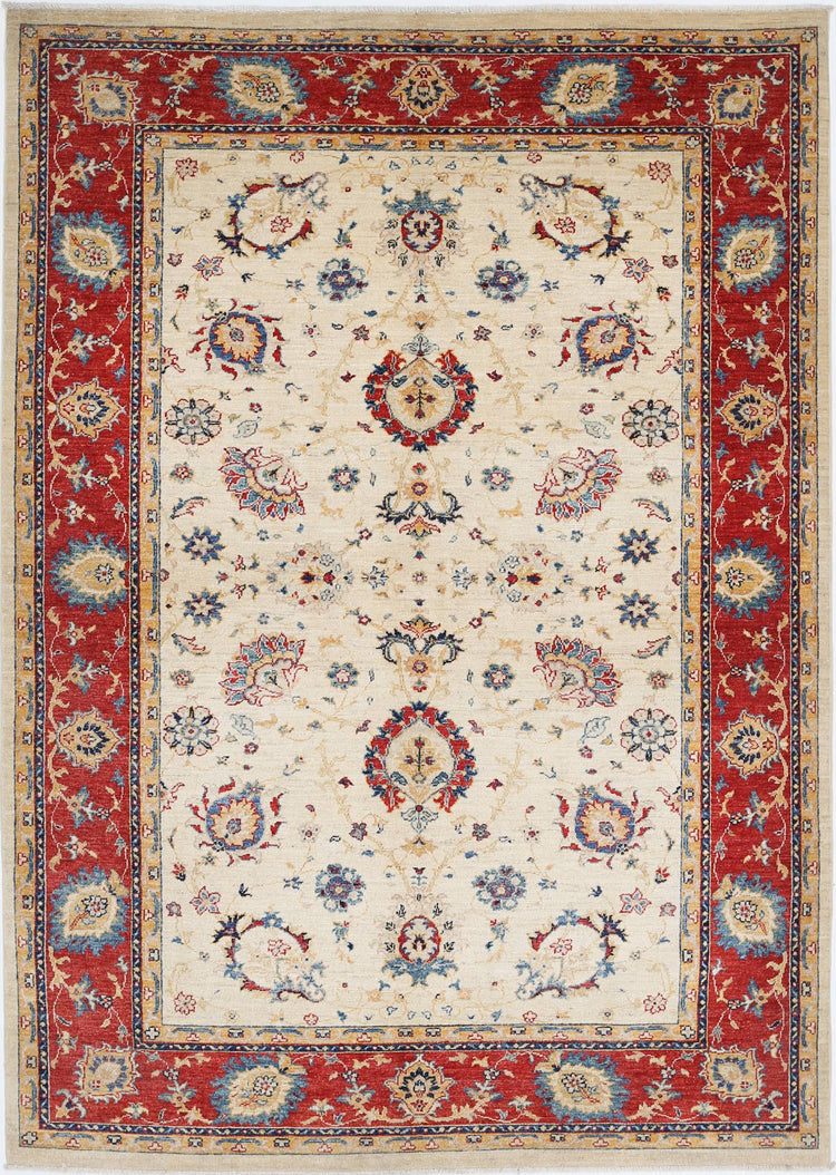 Traditional Hand Knotted Ziegler Farhan Wool Rug of Size 5'8'' X 8'0'' in Ivory and Red Colors - Made in Afghanistan