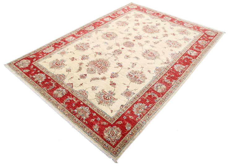 Traditional Hand Knotted Ziegler Farhan Wool Rug of Size 5'8'' X 8'0'' in Ivory and Red Colors - Made in Afghanistan
