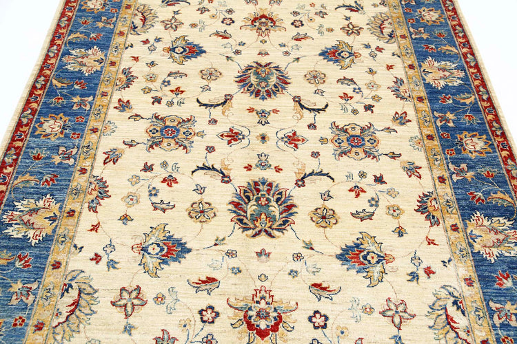 Traditional Hand Knotted Ziegler Farhan Wool Rug of Size 5'8'' X 7'8'' in Ivory and Blue Colors - Made in Afghanistan