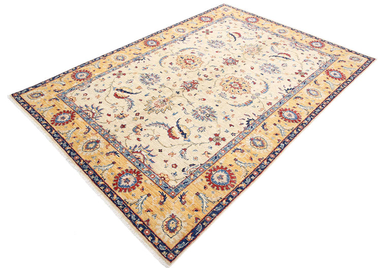 Traditional Hand Knotted Ziegler Farhan Wool Rug of Size 5'7'' X 7'1'' in Ivory and Gold Colors - Made in Afghanistan