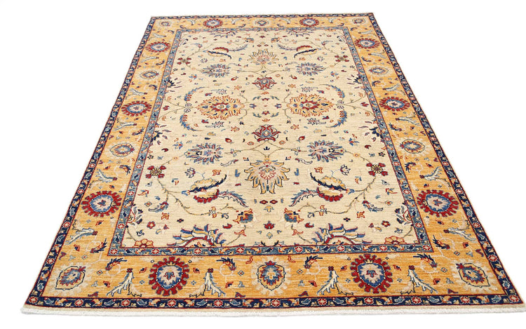 Traditional Hand Knotted Ziegler Farhan Wool Rug of Size 5'7'' X 7'1'' in Ivory and Gold Colors - Made in Afghanistan