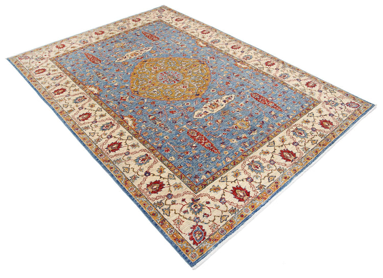Traditional Hand Knotted Ziegler Farhan Wool Rug of Size 5'9'' X 7'10'' in Blue and Ivory Colors - Made in Afghanistan
