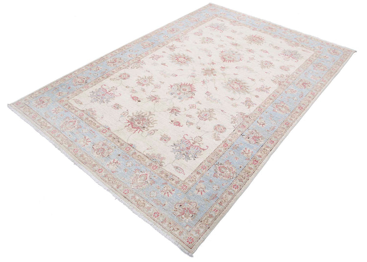 Traditional Hand Knotted Ziegler Farhan Wool Rug of Size 5'7'' X 8'3'' in Ivory and Blue Colors - Made in Afghanistan