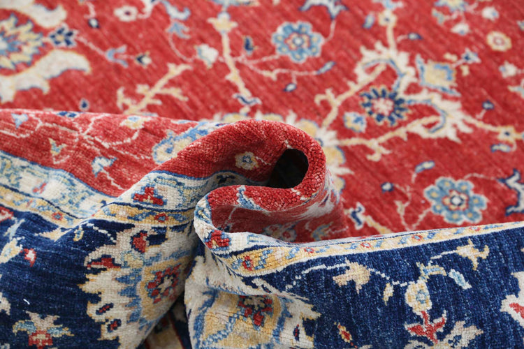 Traditional Hand Knotted Ziegler Farhan Wool Rug of Size 5'5'' X 7'4'' in Red and Blue Colors - Made in Afghanistan