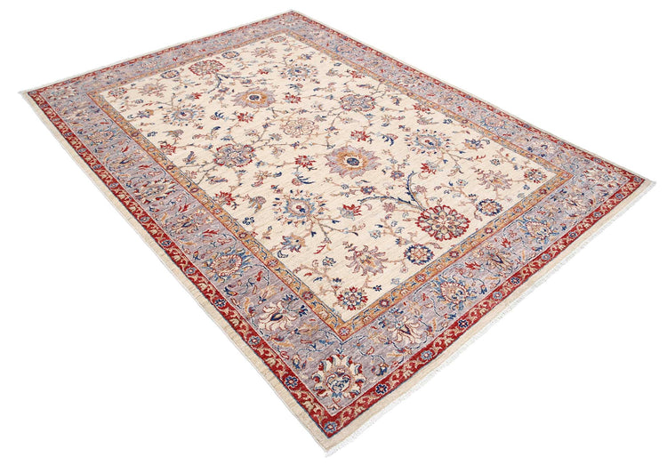 Traditional Hand Knotted Ziegler Farhan Wool Rug of Size 5'7'' X 7'8'' in Ivory and Grey Colors - Made in Afghanistan