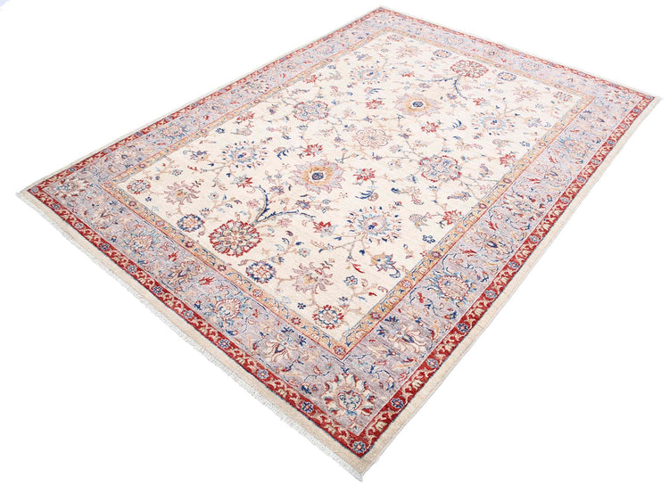 Traditional Hand Knotted Ziegler Farhan Wool Rug of Size 5'7'' X 7'8'' in Ivory and Grey Colors - Made in Afghanistan