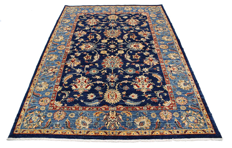 Traditional Hand Knotted Ziegler Farhan Wool Rug of Size 5'9'' X 7'8'' in Blue and Blue Colors - Made in Afghanistan