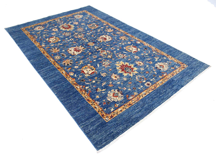 Traditional Hand Knotted Ziegler Farhan Wool Rug of Size 5'7'' X 8'2'' in Blue and Blue Colors - Made in Afghanistan