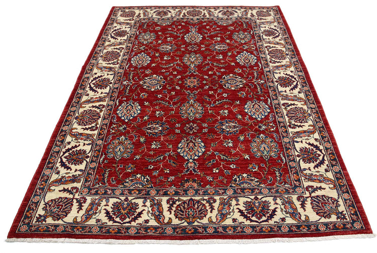 Traditional Hand Knotted Ziegler Farhan Wool Rug of Size 5'7'' X 7'10'' in Red and Ivory Colors - Made in Afghanistan