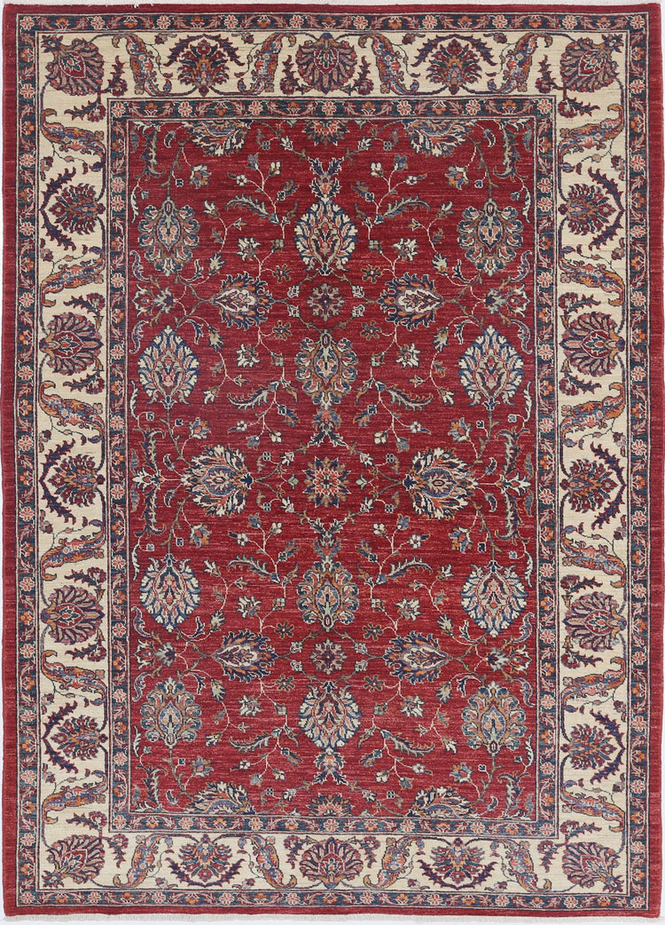 Traditional Hand Knotted Ziegler Farhan Wool Rug of Size 5'7'' X 7'10'' in Red and Ivory Colors - Made in Afghanistan