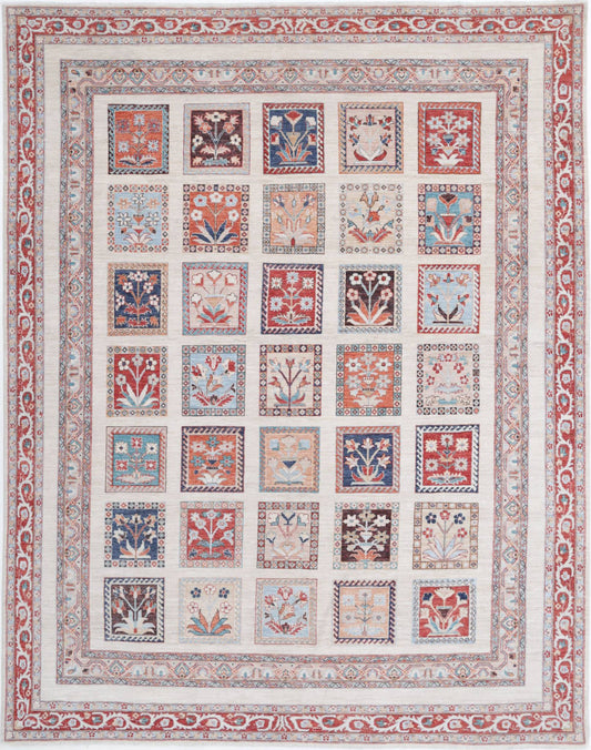 Traditional Hand Knotted Ziegler Farhan Wool Rug of Size 8'10'' X 11'3'' in Ivory and Red Colors - Made in Afghanistan