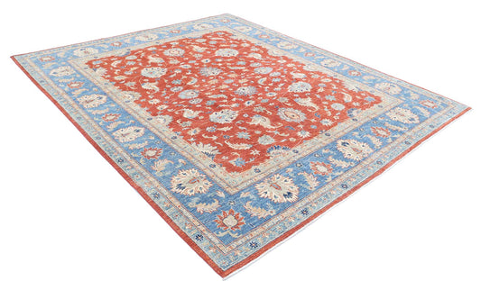 Traditional Hand Knotted Ziegler Farhan Wool Rug of Size 8'4'' X 9'9'' in Red and Blue Colors - Made in Afghanistan