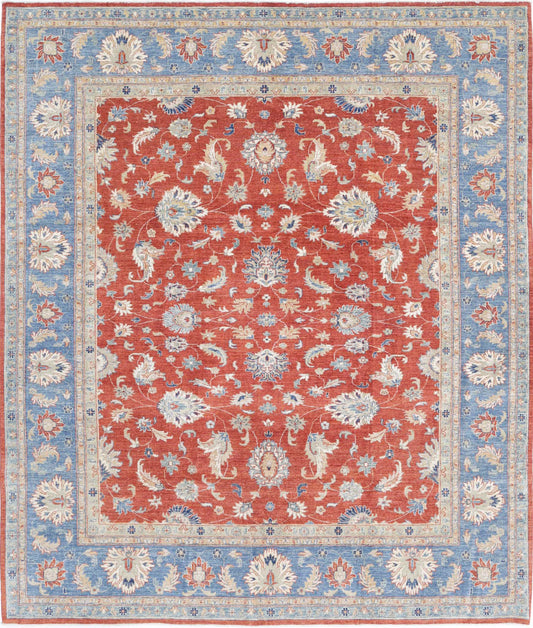 Traditional Hand Knotted Ziegler Farhan Wool Rug of Size 8'4'' X 9'9'' in Red and Blue Colors - Made in Afghanistan