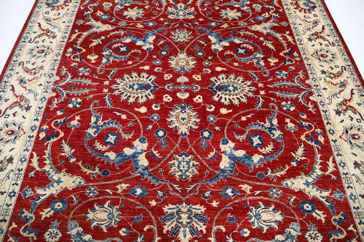 Traditional Hand Knotted Ziegler Farhan Wool Rug of Size 7'10'' X 9'9'' in Red and Ivory Colors - Made in Afghanistan